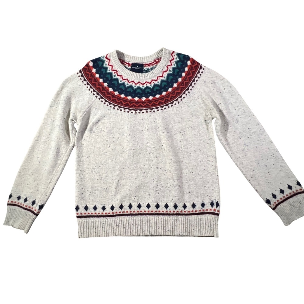 American‎ Eagle Fair Isle Sweater Mens L Gray Silk Wool Blend Crewneck Oatmeal